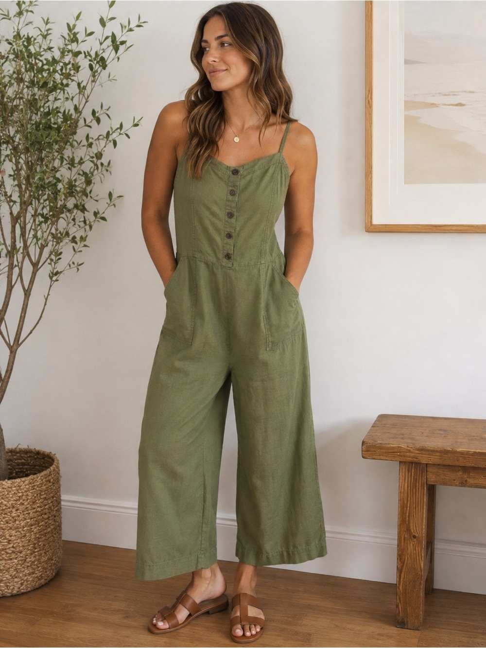 Old Navy Olive Green Button-Front Wide Leg Jumpsuit